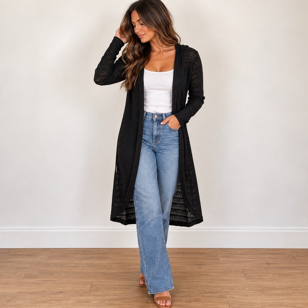 Poof Apparel Black Longline Cardigan Open Front Duster 120199